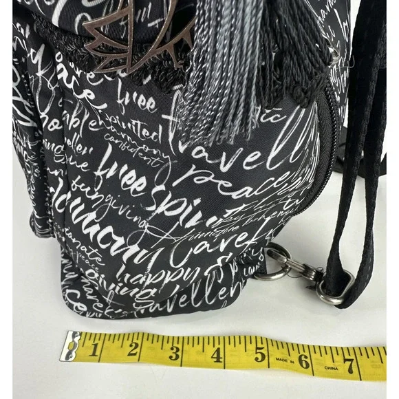 Sakroots Black Backpack White Script Print Convertible Travel Boho Bag Keychain - Picture 7 of 16